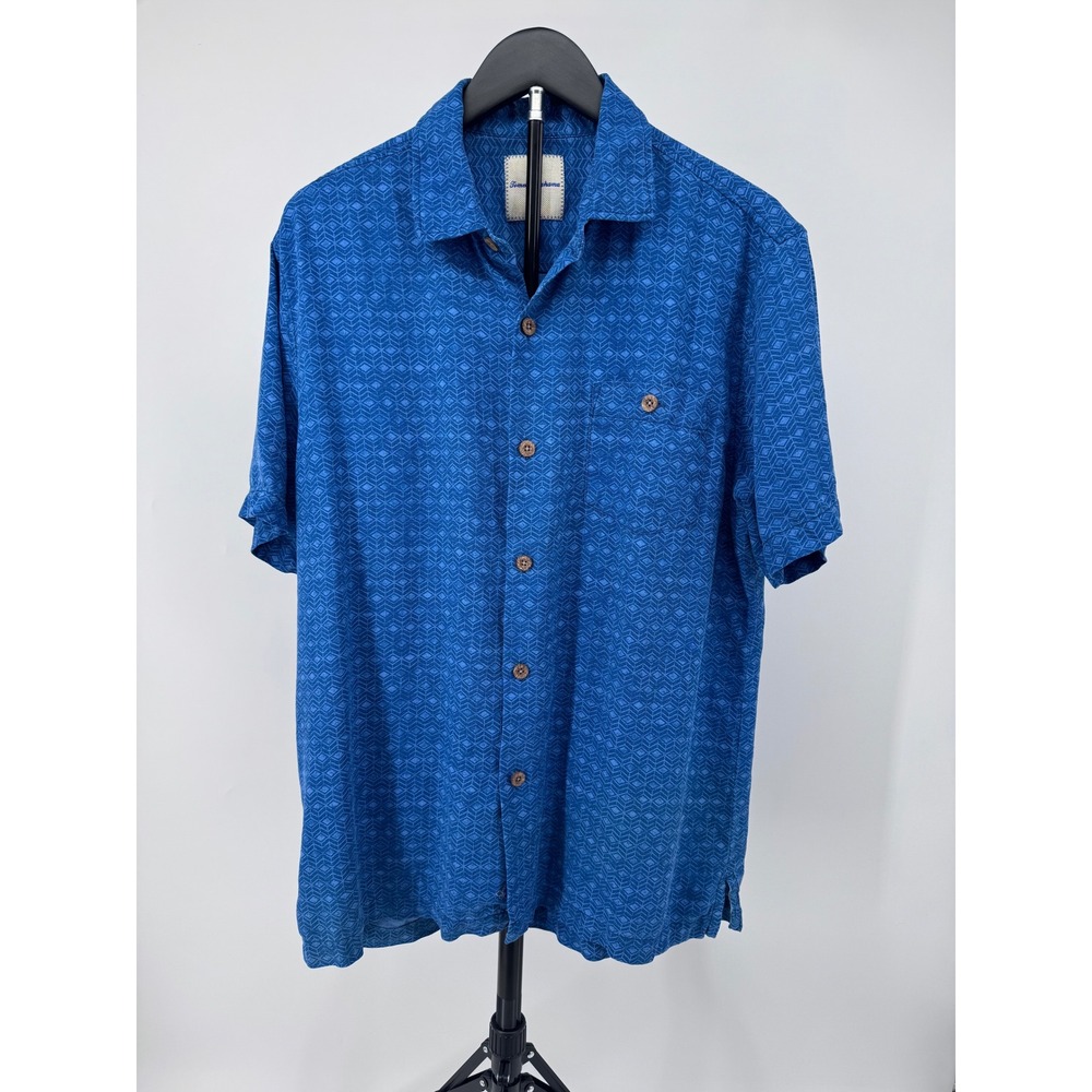 Tommy Bahama Mens Blue Silk Geometric Diamond Short Sleeve Button Down Shirt M